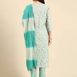 showoffff SHOWOFF Turquoise Cotton Embroidered Kurta Pant Set With Dupatta image 2