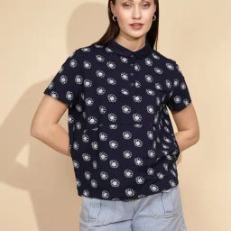 Global Republic Navy & White Floral Print Polo T-Shirt-picture-14
