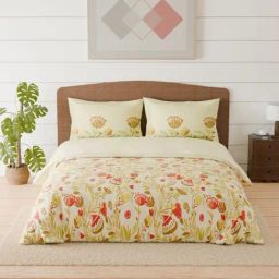 Spaces Itsy Bitsy Light Yellow Cotton Floral 144 TC Double Bedsheet with 2 Pillow Covers-image-105