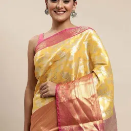 Blissta Yellow & Pink Woven Saree With Unstitched Blouse image 3