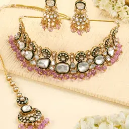 Zaveri Pearls Purple Beads Green Meenakari Stones Bridal Necklace Earring & Maangtikka Set for Women-image-19