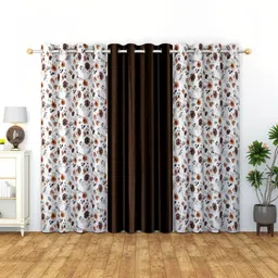 GEET CREATIONS Coffee Brown & White Set of 3 Floral Room Darkening Door Curtain-picture-52