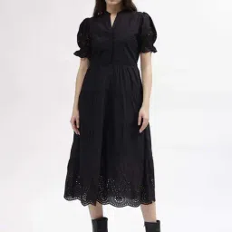 Elle Black Cotton Embroidered A-Line Dress-image-20
