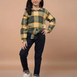 Crimsoune Club Girls Yellow Cotton Slim Fit Chequered Shirt-image-69