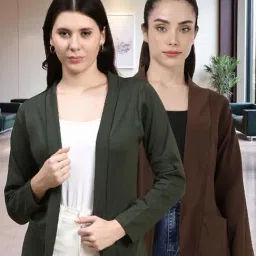 Kryptic Olive and Dark Brown Cotton Solid Open Front Shrug with Pockets, Pack of 2-image-11