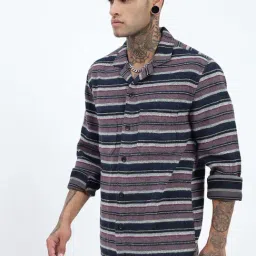 SHOWOFFFF Navy Cotton Relaxed Fit Stripes Shacket image 3