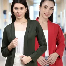 Kryptic Olive and Red Cotton Solid Open Front Shrug with Pockets, Pack of 2-image-14