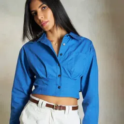 VIRGIO Blue Cotton Solid Long Sleeves Shirt-image-98