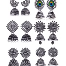MEENAZ Set Of 6 Silver Plated Oxidised Dome Shaped Jhumkas-image-84