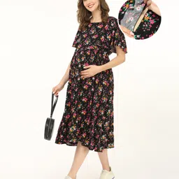 Bella Mama 100% Viscose Woven Flutter Sleeves Maternity Dress With Pocket Floral Print- Black Pink & Orange-picture-23