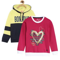 3PIN Set Of 2 Bonjour Text & Glitter Heart Printed Sweatshirts - Yellow & Fuchsia Pink-picture-22