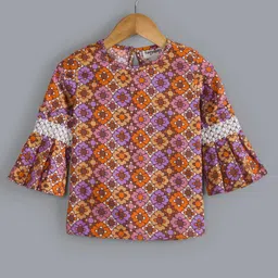 Hugsntugs Full Sleeves Geometric Floral Printed Lace Detailed Top - Orange-image-11
