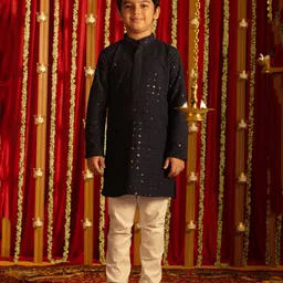 Vastramay Cotton Full Sleeves Schiffli Embroidered & Sequins Embellished Kurta & Pyjama Set - Navy Blue & White-picture-22