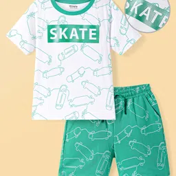 Honeyhap Premium 100% Premium Cotton Knit Half Sleeves Skate Printed Shorts Night Suit With Bio Finish- Bright White& Mint-picture-19