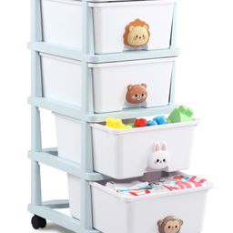 fab n funky 4 Layer High Density Plastic Movable Storage Cabinet for Kids with Lockable Wheels Safari Friends Theme - Blue| Multipurpose Organizer for Toy, Clothes & Books-picture-38