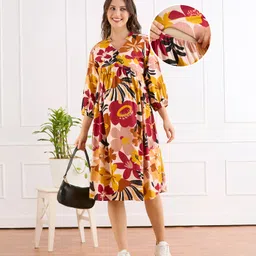 Bella Mama Viscose Woven Three Fourth Sleeves Maternity Dress With Floral Print - Beige-picture-23