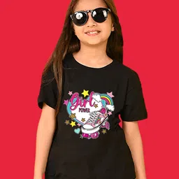 NUSYL Cotton Blend Half Sleeves Skate & Girl Power Text Printed Oversized Tee - Black-image-24
