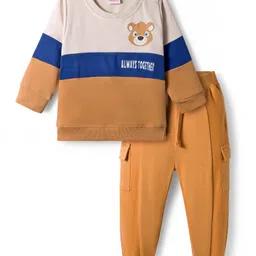 Babyhug Terry Knit Full Sleeves Animal Printed T-Shirt & Lounge Pant Set With Cut & Sew Design - Brown image 1