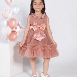Ministitch Net Woven Sleeveless Floral & Bow Applique Detailed Dress - Brown-picture-20