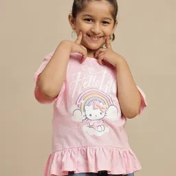 Kidsville Cotton Knit Hello Kitty Featuring Half Sleeves Character Printed Top - Pink-image-38