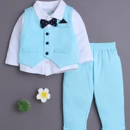 BUMZEE Cotton Knit Full Sleeves Solid Three Piece Party Suit Set with Attached Bow - Aqua Blue & White-picture-37