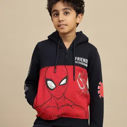 Kidsville Knit Marvel Featuring Full Sleeves Spiderman Printed Light Winter Hoodie - Red & Navy Blue-picture-11