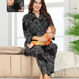 Fabme Rayon Knit Three Fourth Sleeves Leaves Printed Maternity Kurti With Side Seam Nursing Access & Coordinating Pant Set - Black-picture-10