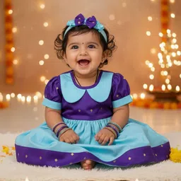 BownBee Tafetta Woven Half Puffed Sleeves Polka Dots Foil Printed Peter Pan Collar Dress With Headband - Purple-picture-10