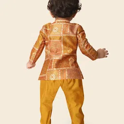 ETHNIKS NEURON Chanderi Silk Full Sleeves Floral Printed Sequins Embellished Kurta Pyjama Set - Mustard image 3