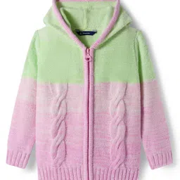 Pine Kids Knit Full Sleeves Front Open Hooded Sweater with Cable Knit Design - Pink image 2