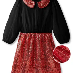 Hola Bonita Knit Full Sleeves Party Dress with Sequin Collar - Red & Black image 2