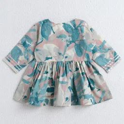 The Magic Wand Cotton Woven Three Fourth Sleeves Floral Printed Gota Lace & Mirror Work Embellished Top & Palazzo Set - Blue image 3