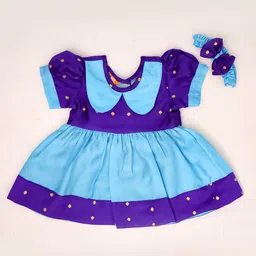 BownBee Tafetta Woven Half Puffed Sleeves Polka Dots Foil Printed Peter Pan Collar Dress With Headband - Purple image 3