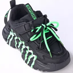 Oh! Pair Slip On Sneakers with Lace Up Closure - Black & Green image 3