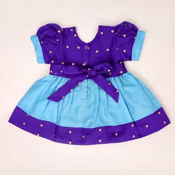 BownBee Tafetta Woven Half Puffed Sleeves Polka Dots Foil Printed Peter Pan Collar Dress With Headband - Purple image 5