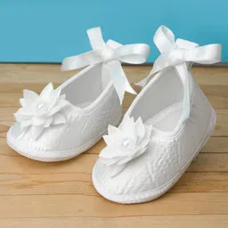 Babyhug Woven Sleeveless Lace Baptism Party Dress with Headband Booties & Pearl Detailing - White image 5