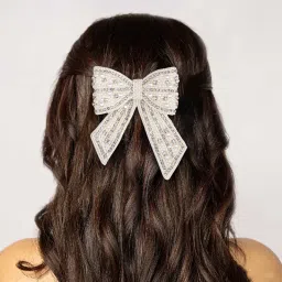 Hair Drama Co. Embellished Crystal & Pearl Hair Bow Barrette Clip - Off White image 1