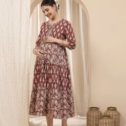 Zelena Ethnic Cotton Maternity Kurti - Zip Feeding And Pocket, Postpartum Wear - Rust-picture-30