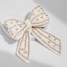 Hair Drama Co. Embellished Crystal & Pearl Hair Bow Barrette Clip - Off White image 2
