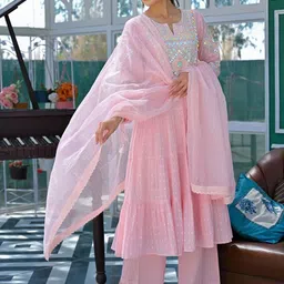 VASTRAHUT Women Ethnic Motifs Embroidered Pure Cotton Kurta with Trousers & Dupatta image 3