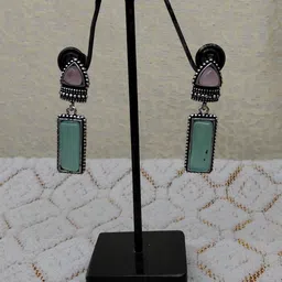 Mamata Silver-Plated Artificial Stones Studded Oxidised Geometric Shaped Drop Earrings image 3