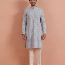 KISAH Men Floral Embroidered Thread Work Georgette Kurta image 5