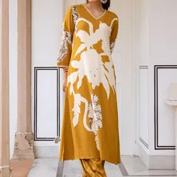 Indo Era Floral Printed Three-Quarter Sleeves A-Line Tunic With Trouser image 3