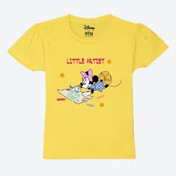 Wear Your Mind Girls Minnie Mouse Printed Puff Sleeves Pure Cotton Applique T-shirt-picture-26