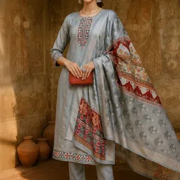 Tulsattva Women Ethnic Motifs Embroidered Regular Thread Work Chanderi Cotton Kurta with Trousers & With-picture-28