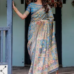 ALMAARI FASHION Motifs Printed Pure Cotton Kanjeevaram Saree With Unstitched Blouse Piece image 5