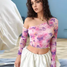 VANGULL Women Floral Printed One Shoulder Net Bardot Crop Top-picture-30