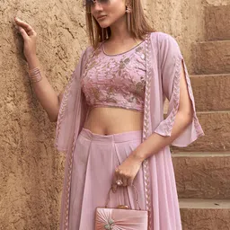 Tikhi Imli Pink Floral Embroidered Georgette Top With Skirt & Shrug image 2