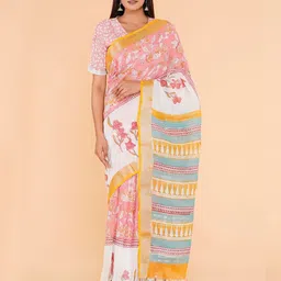 shivanya  handicrafts Shivanya Handicrafts Floral Block Print Linen Blend Saree with Blouse Piece-picture-24