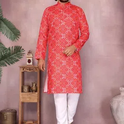 VelvetHue Ethnic Motifs Printed Mandarin Collar Pure Cotton Straight Kurta With Pyjamas-picture-29